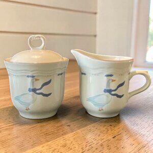 Vintage JMP Stoneware Countryside Geese Sugar & Creamer Set / Lid 1980's Cottage